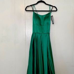 Betsy and Adam Green Satin Strappy Backless Gown